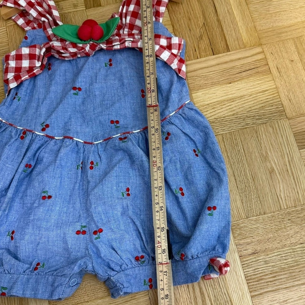 Vintage Cherry Embroidered Chambray Bubble Romper Gingham Bow Toddler 3 832529 - Picture 12 of 12